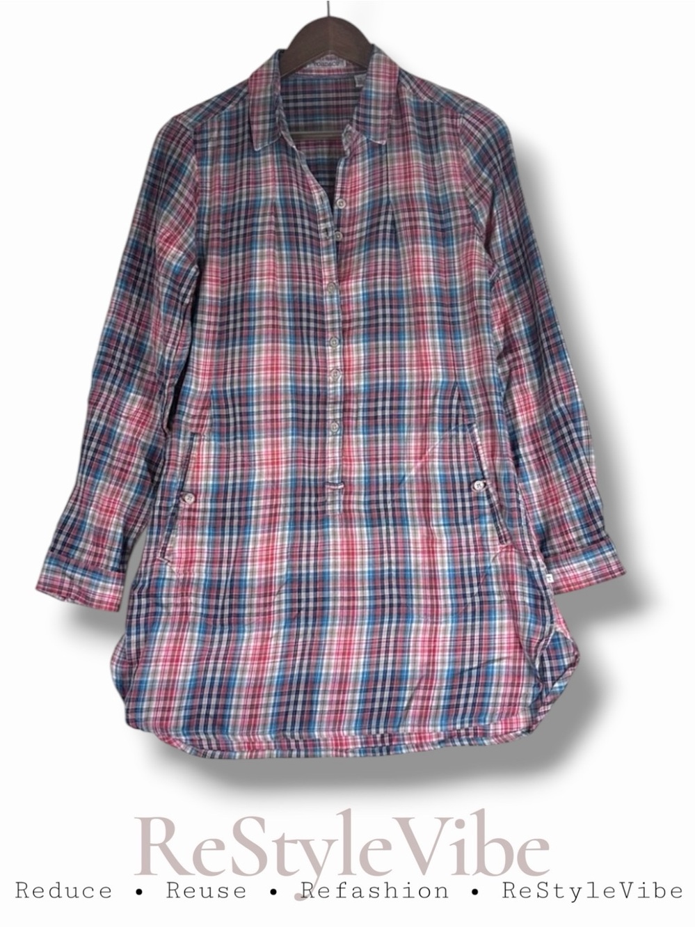 TOAD&CO Women’s Size S Mini Dress Tunic Plaid Cotton Long Sleeve Pockets Organic